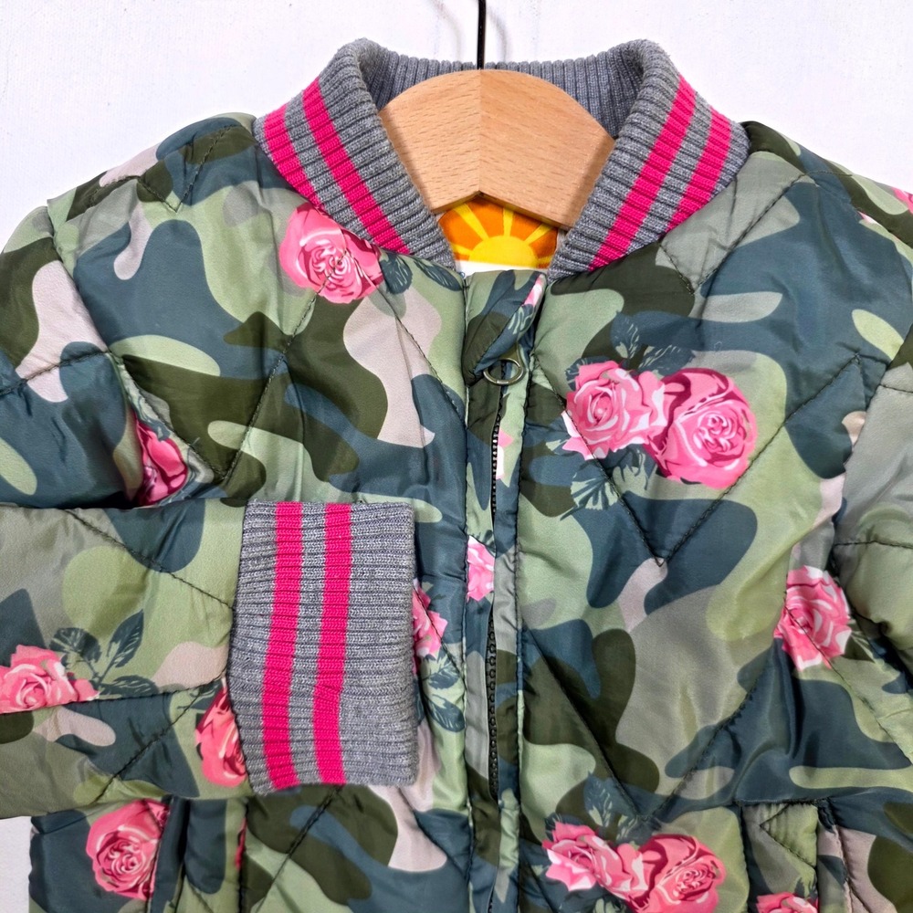 C&C California Bomber Jacket Girls 3T Green Camo Pink Floral Quilted Puffer Zip